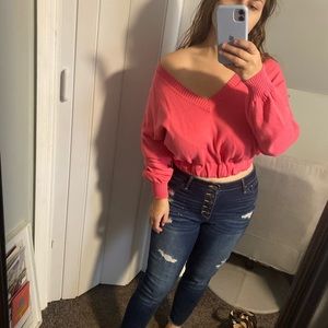 NWT Nordstrom abound pink cropped v-neck elastic waist long sleeve sweater Small